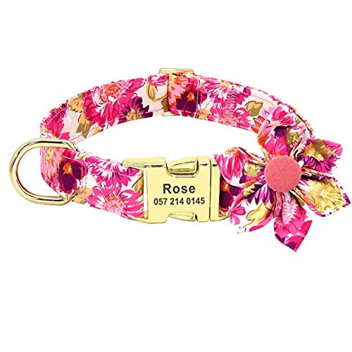 Beirui personalisierte Hündinnenhalsbänder für Mädchenhunde - individuelles Hundehalsband mit Blume für kleine mittelgroße Hunde - weiches Blumengravurhalsband (Hot Pink, M) von Beirui