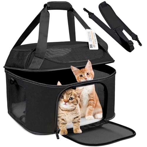 Bejibear Große Katzentragetasche für 2 Katzen, Öko-Tex-zertifiziert, weiche Seite, Haustier-Tragetasche für Katzen, TSA-Fluggesellschaften zugelassene Katzentrage für große Katzen, 9 kg (N-Schwarz) von Bejibear