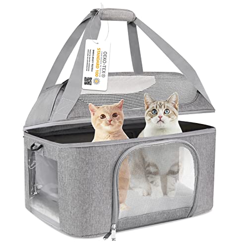 Bejibear Große Katzentragetasche für 2 Katzen, kleine Hunde, zusammenklappbare Reise-Welpen-Tragetasche, TSA Fluggesellschaft zugelassene Katzentrage bis zu 9 kg (Grau) von Bejibear