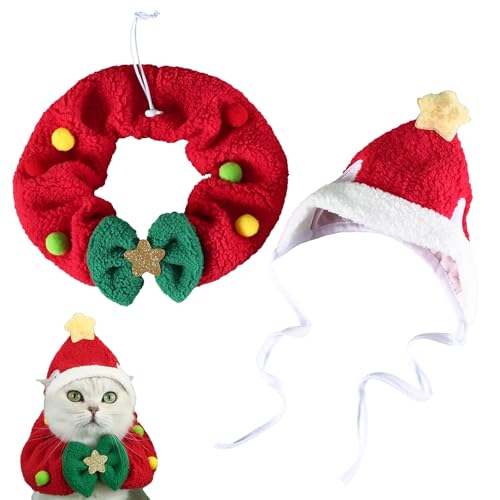 Bekecidi Haustier-Weihnachtskostüm, Weihnachtsmütze und Schal, verstellbares Hundehalsband mit Schleife, Winter-Katzenkleidung, Umhang, Weihnachts-Outfit für Katzen, kleine Hunde, Kätzchen, Welpen Bekecidi Haustier-Weihnachtskostüm, Weihnachtsmütze und Schal, verstellbares Hundehalsband mit Schleife, Winter-Katzenkleidung, Umhang, Weihnachts-Outfit für Katzen, kleine Hunde, Kätzchen, Welpen von Bekecidi
