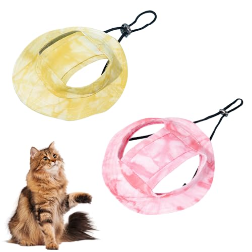 Bekecidi Niedlicher Katzenhut, Hunde-Sonnenhut mit verstellbarem Seil, weich, hautfreundlich, Katzen-Fischerhut, Haustierkostüm für kleine Katzen, Hunde, Welpen, Outdoor (Gelb und Rosa) von Bekecidi