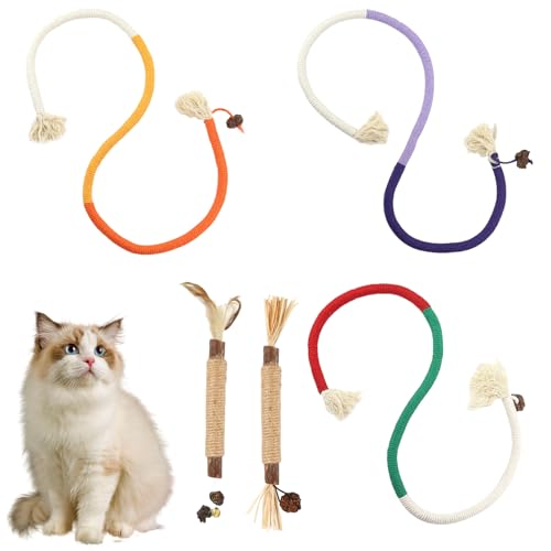 Bekecidi Vibrant Catnip Toy Set - 3-teilige Kauseile + 2-teilige Katzen-Beißstäbe für freche Indoor-Katzen, natürliche Katzenminze infundiertes Kätzchen-Kauspielzeug mit Baumwollseil, 5er-Pack von Bekecidi