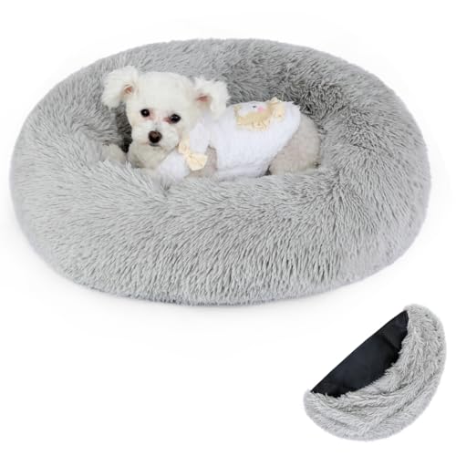 Belababy Beruhigendes Donut-Bett für Hunde und Katzen, mit abnehmbarem Bezug, waschbares Hundebett mit flauschigem, rundem, kuscheligem, weichem Plüsch, Anti-Angst-Hundebett mit rutschfester von Belababy