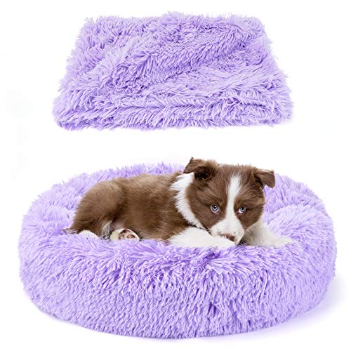Belababy Beruhigendes Hunde- und Katzen-Donut-Bett mit Decke, XS, waschbar, mit flauschigem, rundem Kuschel, weichem Plüsch, Bett 40.6 cm, Decke 50.8x71.1 cm) von Belababy