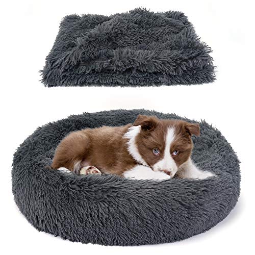 Belababy Calming Dog Bed Cat Bed Donut, X Small Fluffy Round Cuddler Washable Soft Plush Dog Nest and Pet Throw Blanket Set (Dark Grey, Bed 40.6 x 40.6 cm, Blanket 50.8 x 71.1 cm) von Belababy