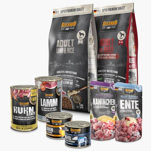BELCANDO Hundefutter Kennenlernpaket Medium/Maxi, 2 Sorten Trockenfutter und 6 Sorten Nassfutter für mittelgroße bis große Hunde, ohne Zusatzstoffe, Made in Germany von Belcando