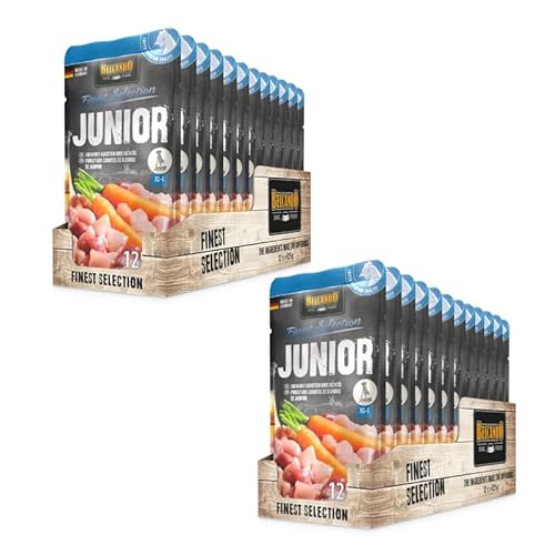 Belcando Finest Selection Junior Huhn mit Karotte | Doppelpack | 2 x 12 x 125 g | Feuchtnahrung für Hunde | Für Sensible oder wählerische Junge Hunde | Kalt gresstes Lachsöl von Belcando