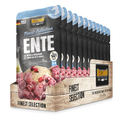 BELCANDO Frischebeutel [12x125g Ente mit Reis & Preiselbeeren] | Nassfutter für Hunde | Feuchtfutter Alleinfutter im Einzelportionsbeutel von Belcando
