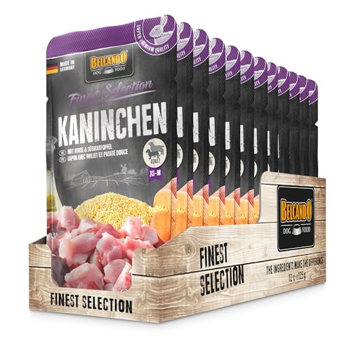 BELCANDO Frischebeutel [12x125g Kaninchen mit Hirse & Süßkartoffel] | Nassfutter für Hunde | Feuchtfutter Alleinfutter im Einzelportionsbeutel von Belcando