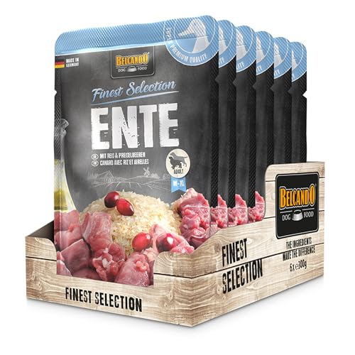 BELCANDO Frischebeutel [6x300g Ente mit Reis & Preiselbeeren] | Nassfutter für Hunde | Feuchtfutter Alleinfutter im Einzelportionsbeutel von Belcando