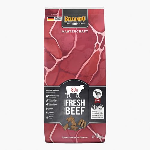 BELCANDO MASTERCRAFT Hundefutter trocken Fresh Beef, 10kg, Trockenfutter für Hunde mit Rind, 80% Frischfleisch, getreidefrei, für alle Rassen, Made in Germany von Belcando