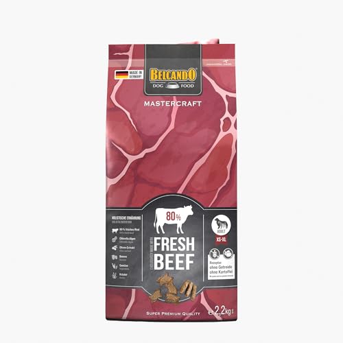 BELCANDO MASTERCRAFT Hundefutter trocken Fresh Beef, 2,2kg, Trockenfutter für Hunde mit Rind, 80% Frischfleisch, getreidefrei, für alle Rassen, Made in Germany von Belcando