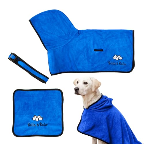 Bella & Balu Hundebademantel aus Mikrofaser, Pfotentuch - Saugfähiger Hunde Bademantel zum Trocknen nach dem Baden, Schwimmen oder Spaziergang im Regen - S - Blau von Bella & Balu