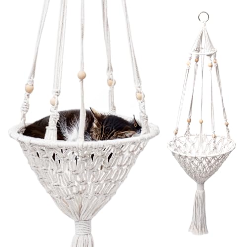 Bella & Balu Katzen-Hängematte - Weißes Bohemian Stil Makramee Baumwolle Katzenbett - Dekorative, Platzsparende Katzenschaukel für Wand und Decke - Sichere und Komfortable Ruhezone - 30x30x100 cm von Bella & Balu