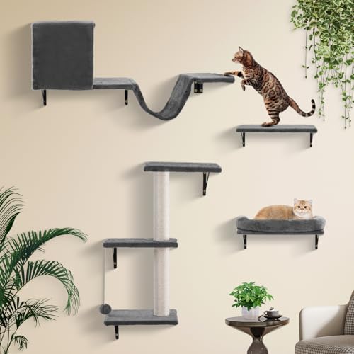 Bellanny Katzen-Wandregale, 5-teiliges Wandmontiertes Katzenkletterrahmen-Set, Katzenwandmöbel mit Kratzbäumen, Stufen, Spieltürmen, Regal und Haus, Grau von Bellanny