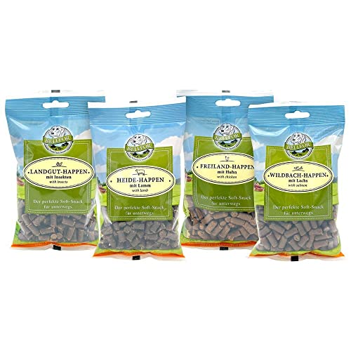 Bellfor Gutshof-Happen Hypoallergene getreidefreie Soft-Snack für Hunde mit hoher Verdaulichkeit ohne tierische Nebenerzeugnisse 200 g (Mix 4 (Huhn, Lachs, Lamm, Insekten)) von Bellfor