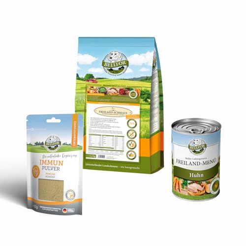 Bellfor Futter-Set für Französische Bulldoggen Freiland-Schmaus 2,5 kg Dose Freiland-Menü 400 g Bellfor Immun Pulver 80 g, Getreidefrei & Natürlich von Bellfor