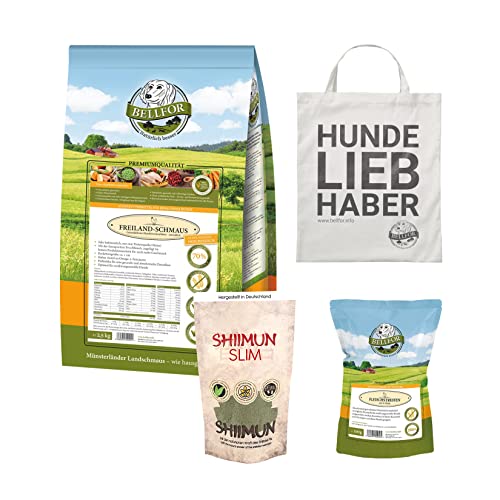 Bellfor Freiland-Schmaus Futterset: Getreidefreies Trockenfutter, 2,5 kg + Natur Kausnacks, 100 g & Diät-Snacks für Hunde, 120 g von Bellfor