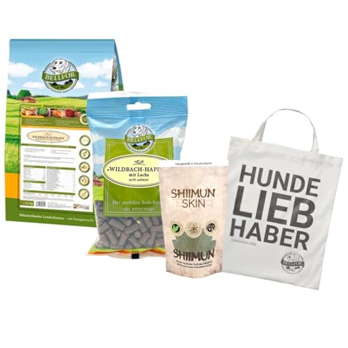 Bellfor Futterset für Bearded Collie Getreidefreies Trockenfutter mit Wildlachs & Bachforelle 4 kg und Soft-Snacks 200 g und Lebensmittelzusatzstoff zur Haut- und Fellpflege 80 g von Bellfor