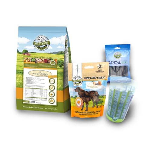 Bellfor Futterset für Neufundländer Kaltgepresstes Getreidefreies Trockenfutter Wiesen-Schmaus mit Huhn 4 kg und Gelenke & Knochen Complete-Snack 150 g und Dental Sticks 100 g von Bellfor