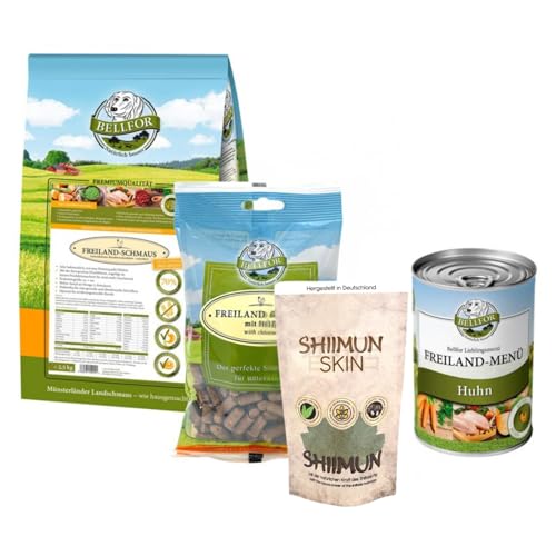 Bellfor Futterset für Pudel Getreidefreies Nassfutter 400 g und Trockenfutter mit Huhn 2,5 kg und Soft-Snacks 200 g mit Lebensmittelzusatzstoff zur Haut- und Fellpflege 80 g von Bellfor