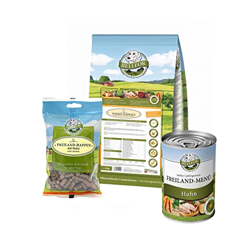 Bellfor Golden Retriever Futter Set Wiesen-Schmaus Trockenfutter 4 kg, Freiland-Menü Nassfutter 400 g & Freiland-Happen 200 g Ohne Getreide & Künstliche Zusätze von Bellfor