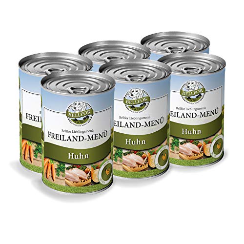 Bellfor Freiland-Menü Hundefutter Nass mit Frischem Hühnerfleisch Getreidefrei Ohne Soja, Zucker, Synthetische Farb-, Konservierungs- und Aromastoffe 6 x 400g von Bellfor