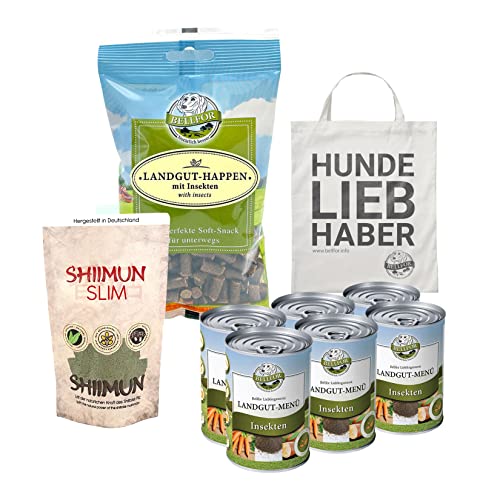 Bellfor Sparset Hundefutter Nass 6x400 g Snacks 200 g Diätfutter Hunde 50 g für Ernährungssensible Mittelgroße Hunderassen mit Übergewicht Flohsamenschalen Shiitakepulver Maitakepulver von Bellfor