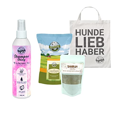 Sparset für Glänzendes Fell von Bellfor: Natürliche Hundeshampoo & Тahrungsergänzung hund Fell, Hypoallergenischen leckerli für Hunde mit Insekten, Jutebeutel für Hundeliebhaber. Für Alle Hunderassen. von Bellfor