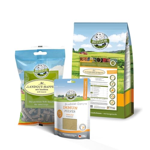 Bellfor Sparset für mittelgroße Hunde mit Leishmaniose: Trockenfutter Naturfarm-Schmaus 2,5 kg, Hundeleckerli Landgut-Happen 200 g, Ergänzungsfuttermittel für Hunde Immun Pulver 250 g von Bellfor