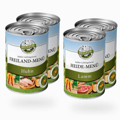 Bellfor Starter-Paket 2 x Freiland-Menu mit Huhn 2 x Heide-Menu mit Lamm Getreidefrei Hundefutter Nass Ohne Soja und Zucker, Farb-, Konservierungs- und Aromastoffe von Bellfor