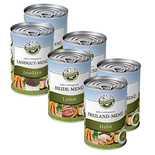 Bellfor Starter-Paket 2 x Freiland-Menu mit Huhn 2 x Heide-Menu mit Lamm und 2 x Landgut-Menu mit Insekten Getreidefrei Hundefutter Nass Ohne Soja und Zucker von Bellfor