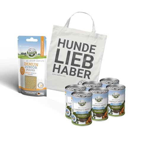 Bellfor Welpenfutter im Sparset Ideal für die bedarfsgerechte Fütterung heranwachsender Hunde Landgut-Menü Junior 6 x 400 g Immun Junior 50 g und 1 Jutebeutel von Bellfor