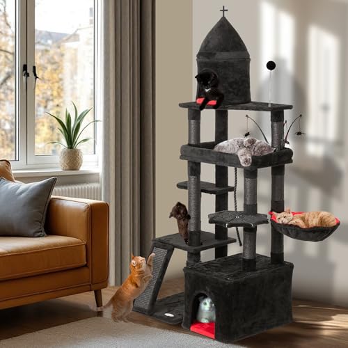 BELLIVUE Robuster Kratzbaum für große Katzen, Sisal-Kratzbäume und selbstpflegender Stamm, interaktives Katzenspielzeug, übergroße Sitzstange und Korb, Schwarz und Rot, 183 cm von Bellivue