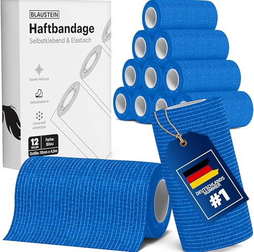 Bellmate Selbstklebender Verband [12x Bandagen 10cm x 4,5m] elastischer Verband selbstklebend für Menschen, Pferde & Hunde - Premium Haftbandage selbstklebend (Blau, 10cm x 4,5m) von Bellmate