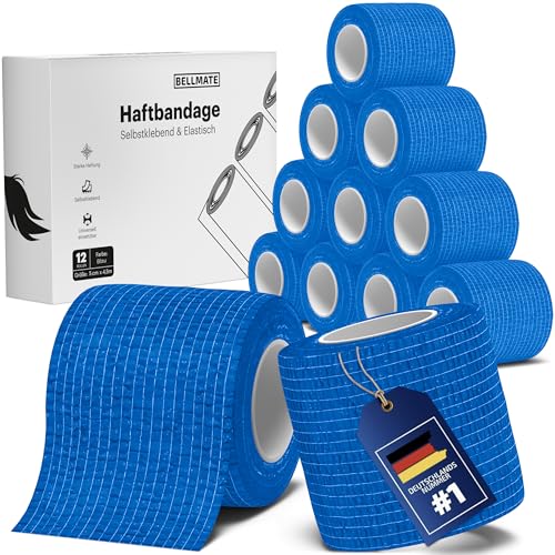 Bellmate Selbstklebender Verband [12x Bandagen 10cm x 4,5m] elastischer Verband selbstklebend für Menschen, Pferde & Hunde - Premium Haftbandage selbstklebend (Blau, 5cm x 4,5m) von Bellmate