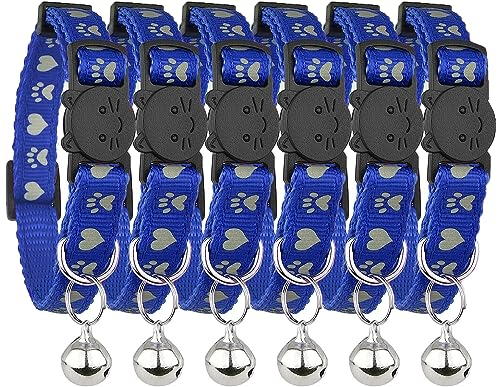 Reflektierendes Katzenhalsband mit Glöckchen, 6 Stück, solide und sichere Halsbänder für Katzen, Nylon, gemischte Farben, Haustierhalsband, Breakaway Katzenhalsband, Blau von Bemix Pets