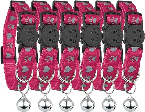 Reflektierendes Katzenhalsband mit Glöckchen, 6 Stück, solide und sichere Halsbänder für Katzen, Nylon, gemischte Farben, Haustierhalsband, Breakaway Katzenhalsband, Rosa von Bemix Pets