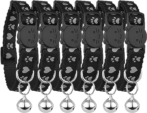 Reflektierendes Katzenhalsband mit Glöckchen, 6 Stück, solide und sichere Halsbänder für Katzen, Nylon, gemischte Farben, Haustierhalsband, Breakaway Katzenhalsband, Schwarz von Bemix Pets