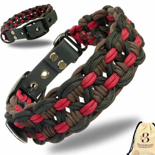 Ben&Bruno Hundehalsband 100% Handgefertigt, Breit & Verstellbar, Starkes Parcord & Nylon, Veganes Leder & Atmungsaktiv, Für Kleine, Mittlere & Große Hunde, Robust & Langlebig (Rot, Braun, Schwarz), M von Ben&Bruno