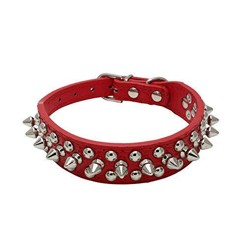 Benala Verstellbares Hundehalsband aus Leder mit Spikes und Nieten, für kleine oder mittelgroße Haustiere, Größe M, Rot von Benala