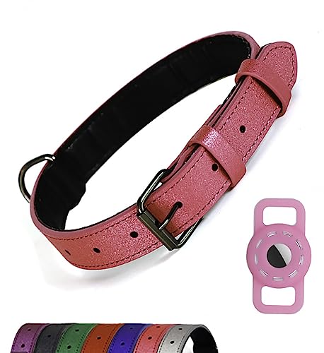 Atmungsaktives, robustes Hundehalsband mit AirTag-Halterung, modisches, weich gepolstertes Leder-AirTag-Hundehalsband mit verstellbarer, mittelgroße und große Hunde (M (33 cm ~ 43.2 cm, Hot Pink) von Bencacawinstyle