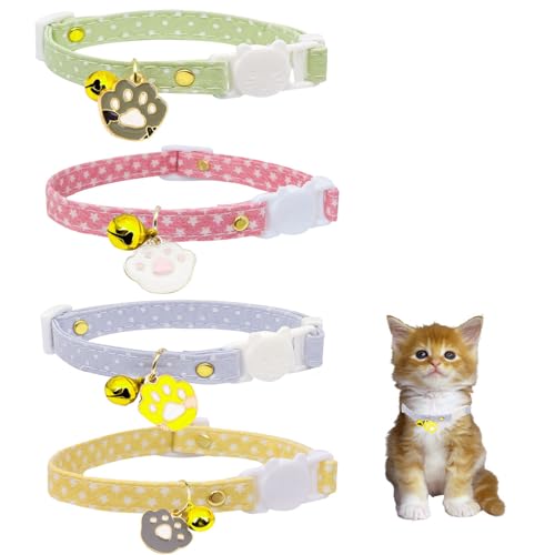 Katzenhalsbänder aus Baumwolle mit Glöckchen, verstellbar, mit Eierpfoten-Anhänger, ideal für Mädchen, Katzen, Jungen, Katzen, 4 Stück von Bencacawinstyle