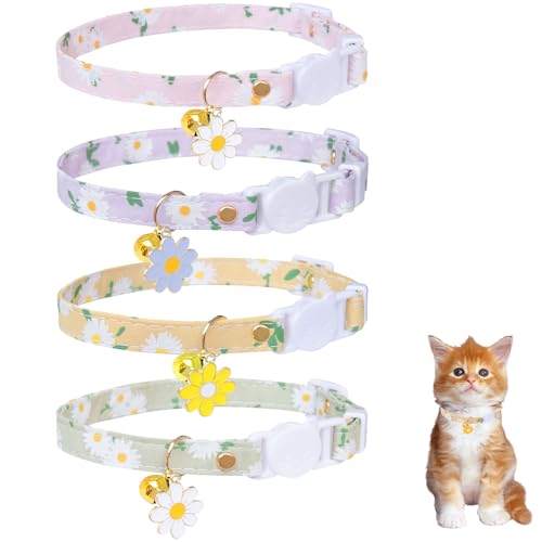 Katzenhalsband aus Baumwolle mit Glöckchen, verstellbar, mit Blumenanhänger, ideal für Mädchen, Katzen, Jungen, Katzen, 4 Stück von Bencacawinstyle