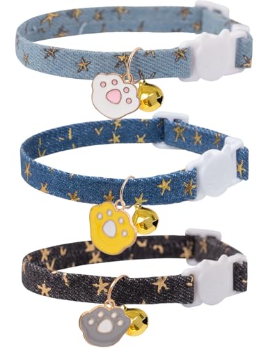 Katzenhalsband mit Glöckchen, 3 Stück, verstellbare Sicherheitshalsbänder, ideal für Mädchen, Jungen, Kätzchen, Blau / Schwarz (Seestern) von Bencacawinstyle