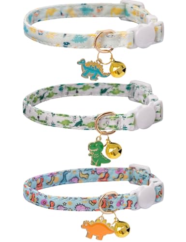 Katzenhalsband mit Glöckchen, 3 Stück, verstellbare Sicherheitshalsbänder, ideal für Mädchen, Jungen, Kätzchen, Weiß / Blau (Dinosaurier) von Bencacawinstyle