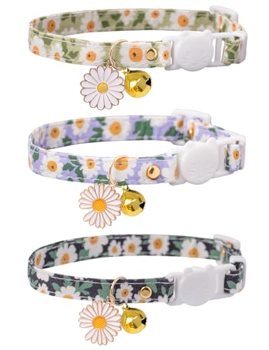 Katzenhalsband mit Glöckchen, 3 Stück, verstellbare Sicherheitshalsbänder, ideal für Mädchen, Jungen, Kätzchen. (Grün, Schwarz, Blau, Gänseblümchen) von Bencacawinstyle