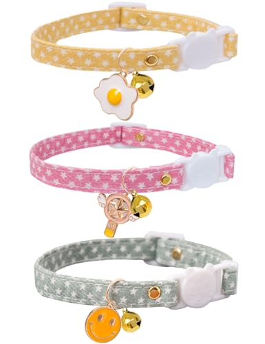 Katzenhalsband mit Glöckchen, 3 Stück, verstellbare Sicherheitshalsbänder, ideal für Mädchen, Jungen, Kätzchen. (Rosa, Grün, Gelb, Stern) von Bencacawinstyle
