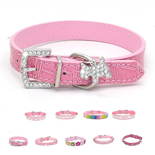 Pink Series Hundehalsband, Leder, verstellbar, mit glitzernden Strasssteinen, Diamanten, Nieten, bunte Blumen, für XS, kleine und mittelgroße Hunde, Katzen, Welpen, Kätzchen, Haustiere von Bencacawinstyle