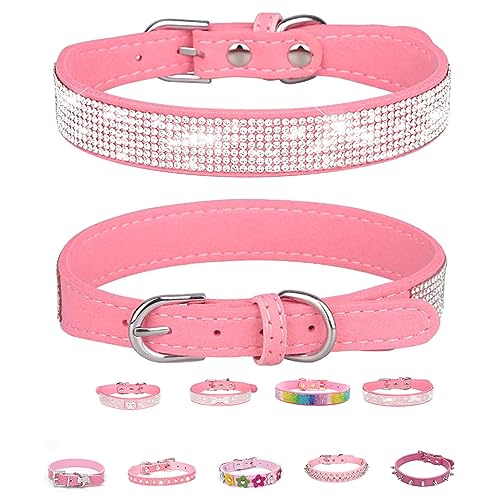 Pink Series Hundehalsband, Leder, verstellbar, mit glitzernden Strasssteinen, Diamanten, Nieten, bunte Blumen, für XS, kleine und mittelgroße Hunde, Katzen, Welpen, Kätzchen, Haustiere von Bencacawinstyle